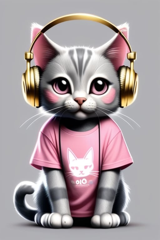cartoon gray and pink cat wearing golden headphones,t-shirt design,center