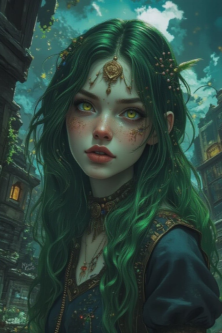 a beautiful girl, a beautiful face, with green hair, in the Gothic style, against the background of a gloomy forest.