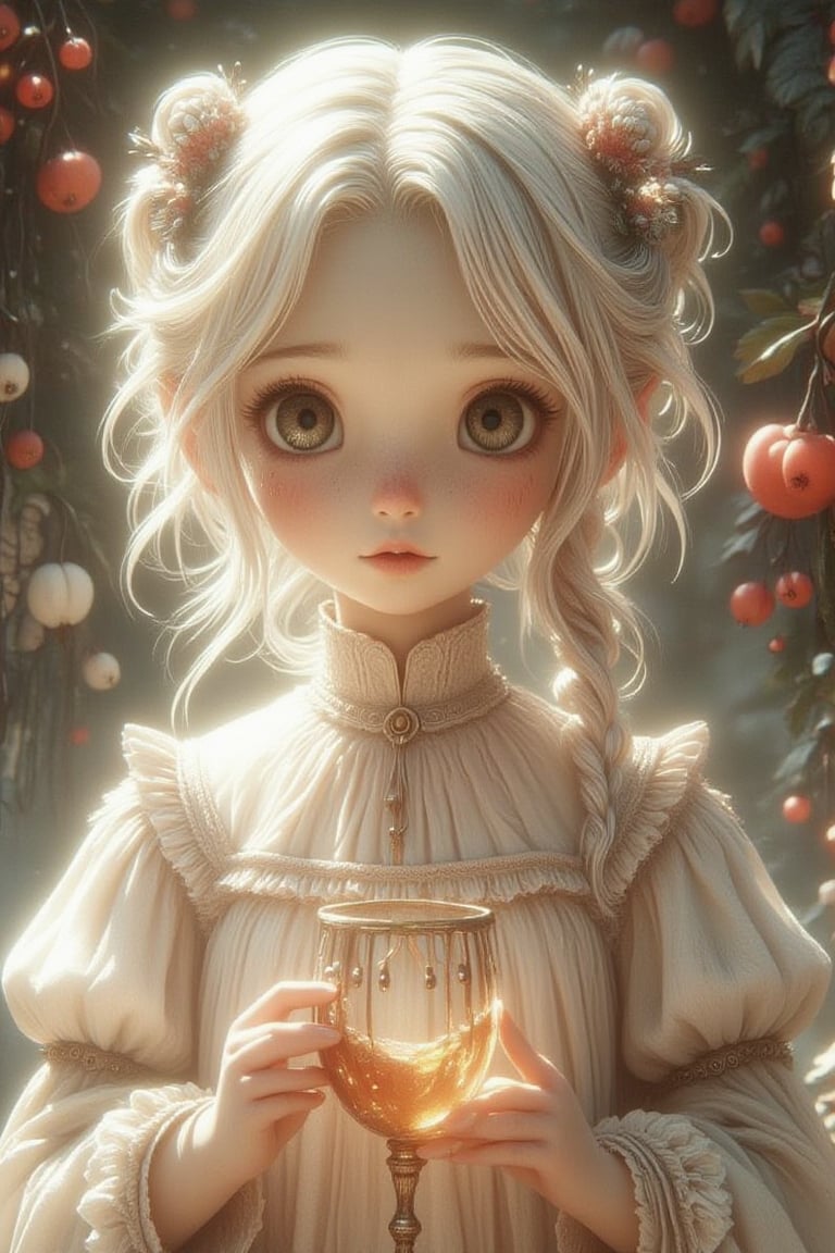 A beautiful girl with white hair.with beautiful hairpins in her hair, against the background of gooseberries, she holds a golden glass in which wine is poured