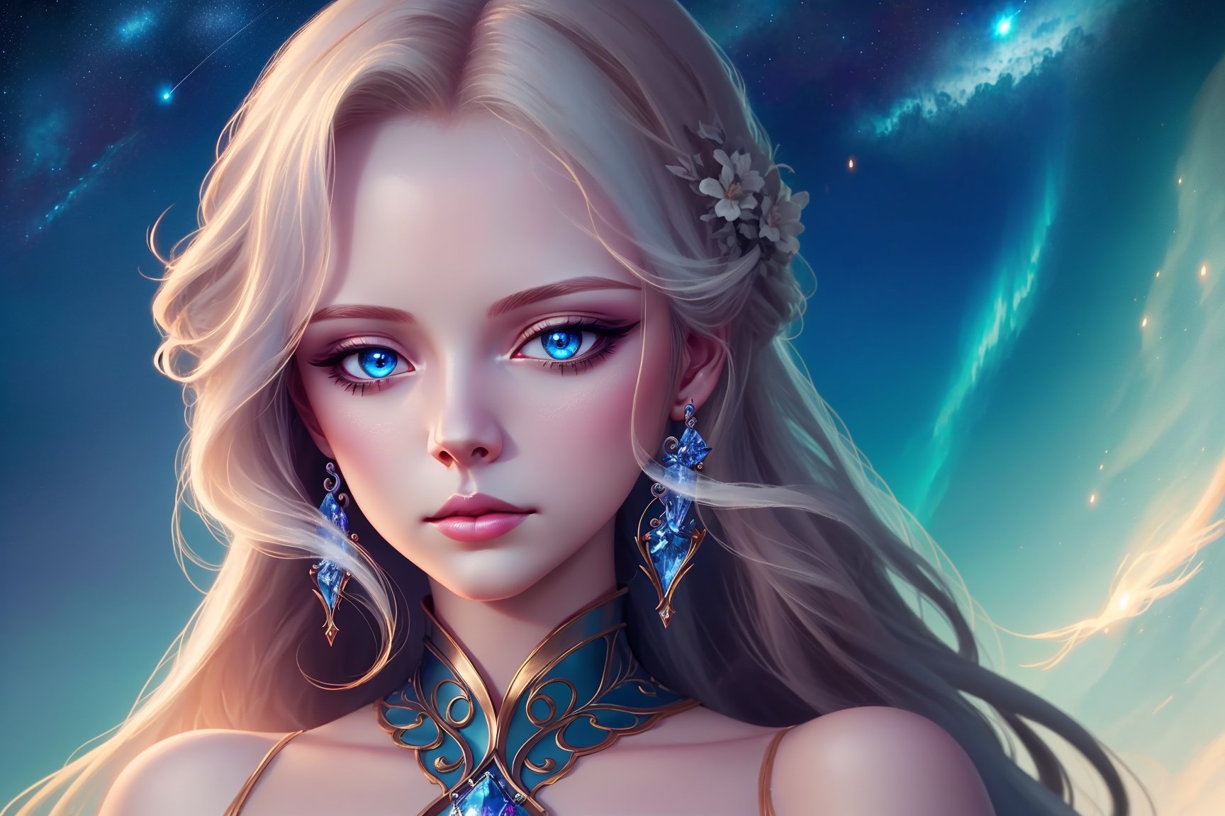 Disney princes aurora, ultra-detailed artistic photography, midnight aura, night sky, detailed closeup gorgeous face, surprise look on face, production cinematic character render, ultra high-quality model, by Ruu,JAR