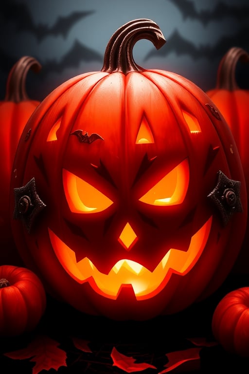 red pumpkins for Halloween, eyes and mouth carved in a pumpkin, in Gothic style