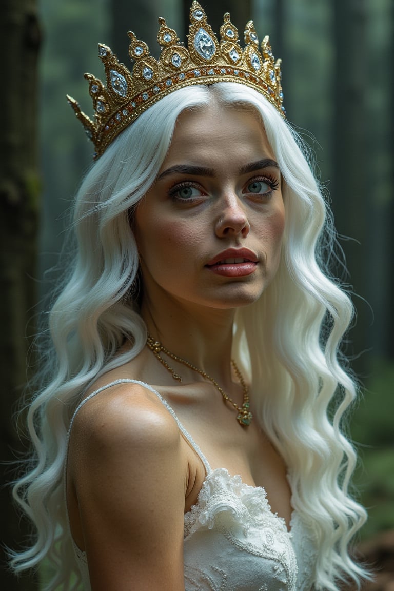 beautiful girl with white wavy hair, on her head a golden crown with diamonds, against the background of a gloomy forest