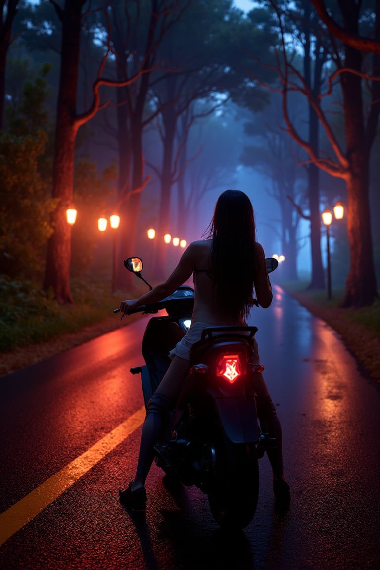 a beautiful girl, sitting on a motorcycle, looking at the road, at us, against the backdrop of a night road illuminated by lanterns, forest around neon style