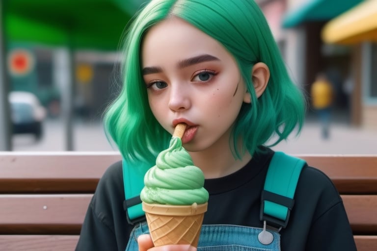 A GIRL WITH GREEN HAIR is sitting on a bench and eating ice cream.lots of details,hyperdetalization,8k,poster,close-up,xjrex,JAR