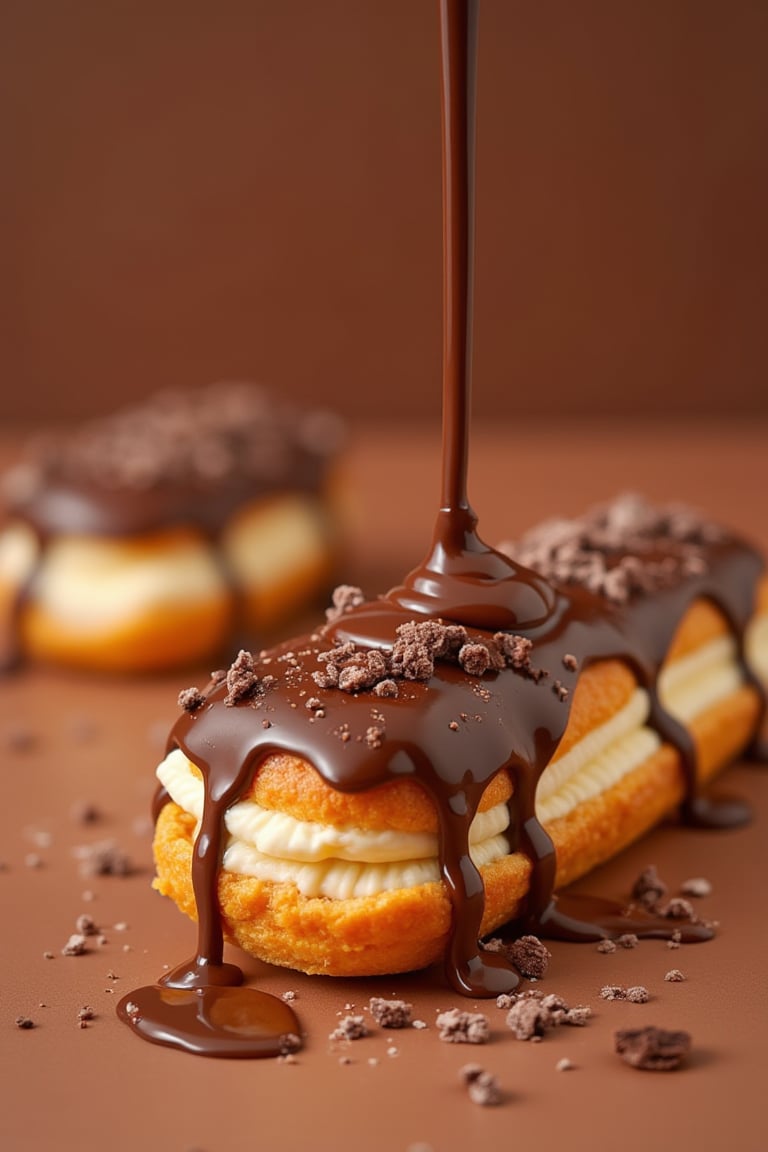 label for chocolate eclairs in the foreground chocolate eclairs on a brown background liquid chocolate pouring onto the eclairs chocolate and the inscription "sweet compliment from the workshop"