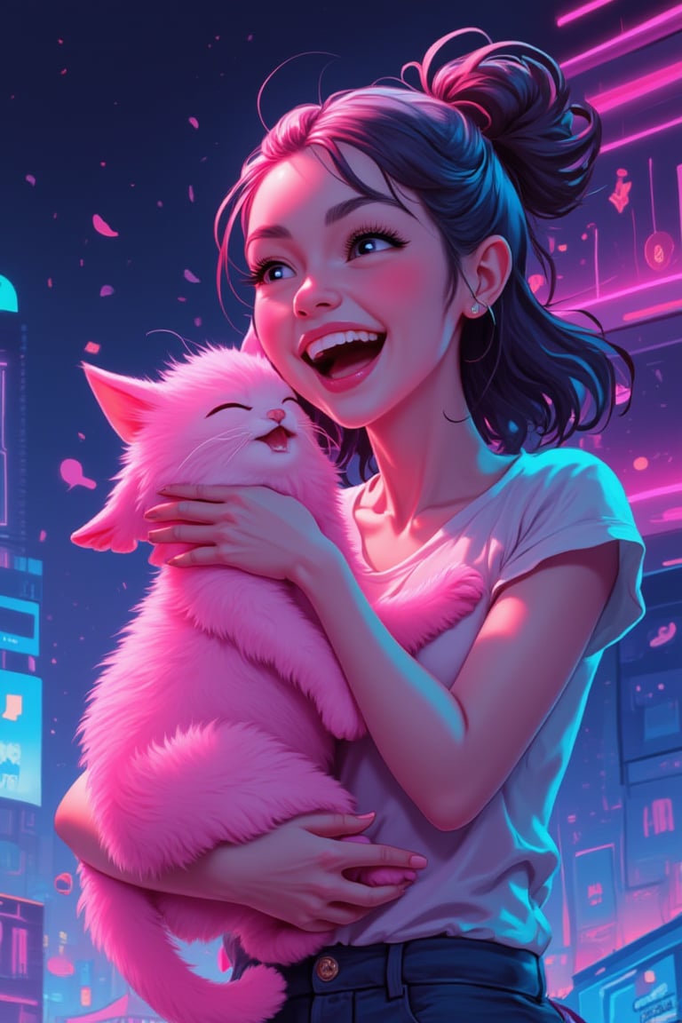 Digital art, by IrinaKapi.
Laughing girl with a pink cat in her hands, joy, happiness, laughter, best quality, masterpiece, concept art.neon style

