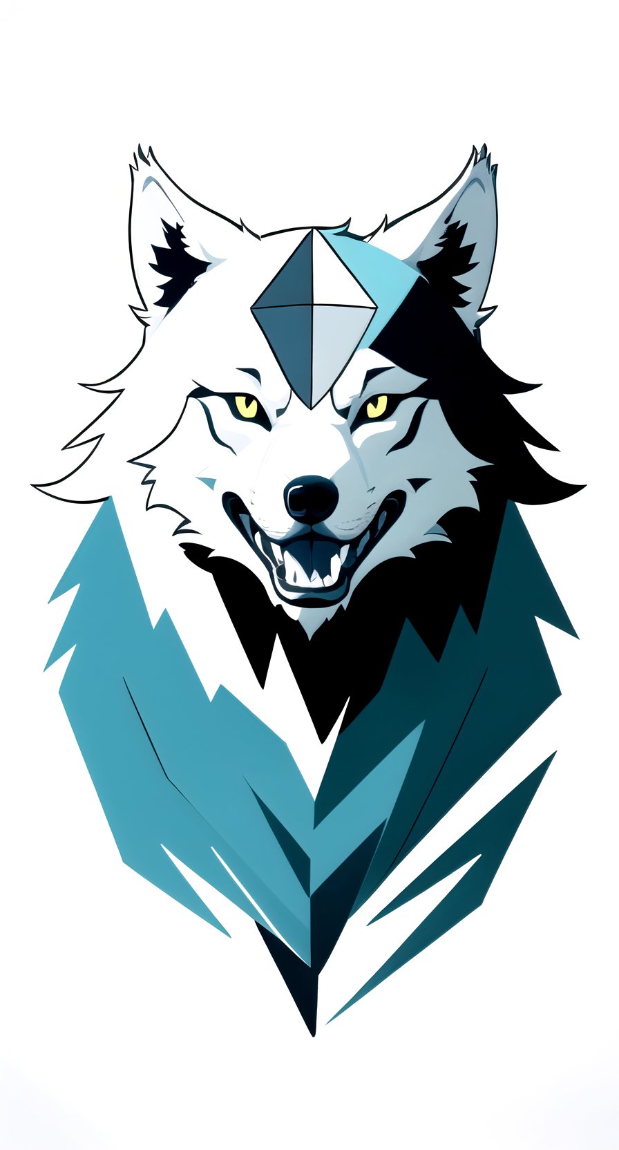 blue green color logo, minimalist vector art logo illustration of a death, front face, magic, sharp design, colorful monochrome, dark magic splash, t-shirt design, Studio Ghibli style, Design should be in vector art , exhibiting the wolf. Use Adobe Illustrator to create the logo with sharp lines and a simple yet captivating look. Keep the design focused on the wolf eyes, capturing its uniqueness and charm. The logo should evoke a sense of sophistication and calm. Emphasize a low-poly style to add a touch of uniqueness to the whiskers. The overall aesthetic should be sleek and stylish, making it suitable for branding and logo purposes, white background.