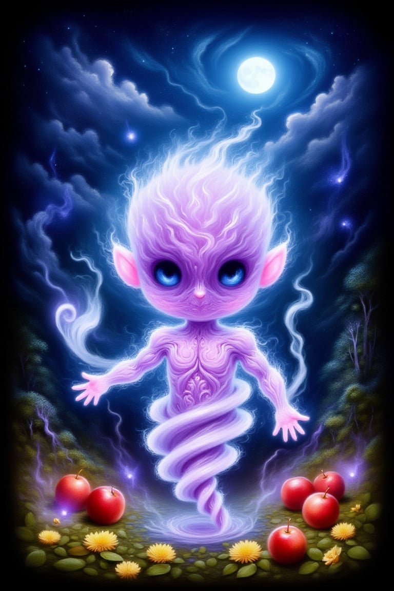 ultra highly detailed, fantasy acrylic painting, a cute chibi fluffy ghost fiberglass clear animal creature, glass animal, ghost animal, apples, amethyst swirling smoke, blue moon, moonlight, forest, leaves, yellow matte flowers, filigree detailed, complex background, dynamic lighting, lights, digital painting, intricated pose, highly detailed filigree, intricated, cute, surreal, by Angelus Novus