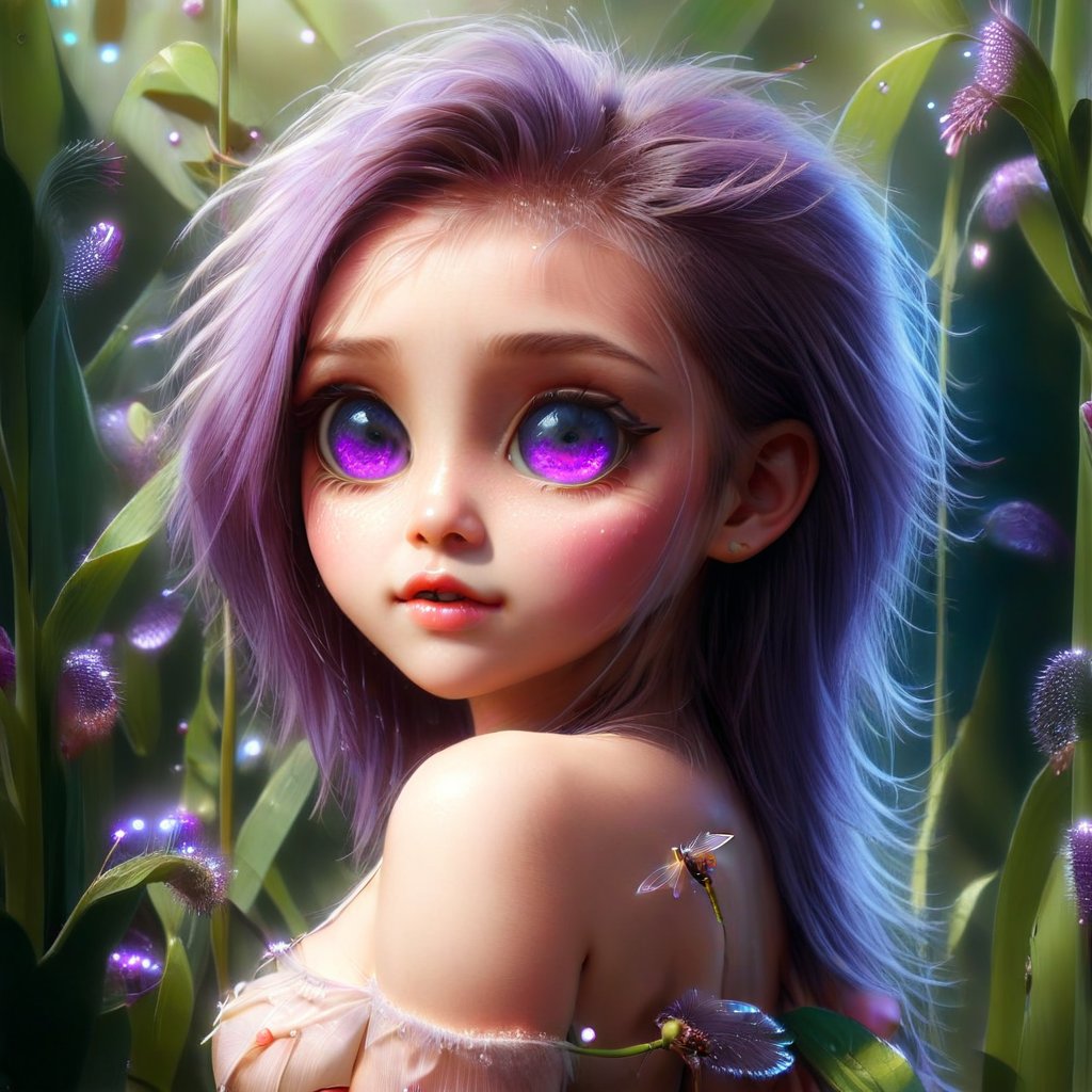 a beautiful girl with purple eyes, a beautiful face, dragonfly wings on her back, hyperdetalization.