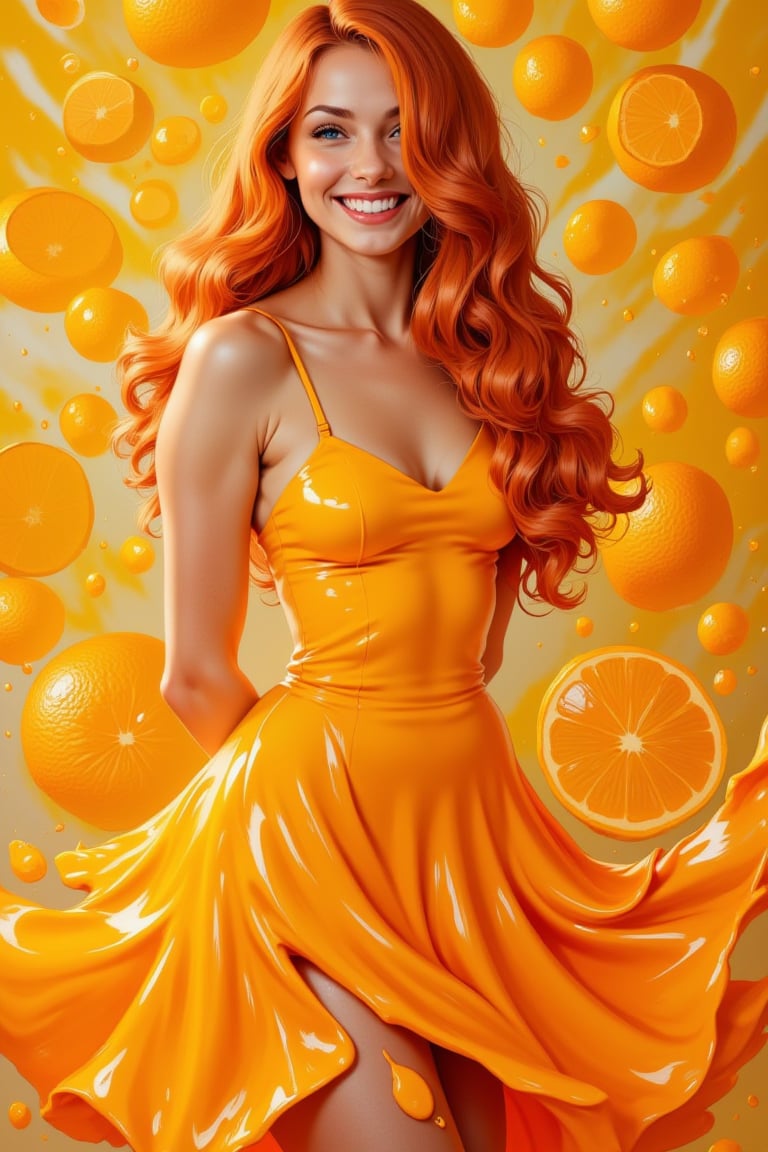 art, pretty smiling redhead teen, liquid dress, surreal orange juice art, orange juice diffusion, epic composition, splatter, cooling liquid flows around
