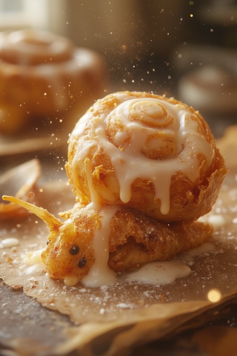 Close-up food photo of a hybrid snail composed entirely of glossy sticky cinnamon buns. The shell is made from a puffy perfectly swirled cinnamon bun covered in a thick glossy white glaze. Baked edges with a jagged cinnamon bun texture slightly caramelized, dark cinnamon filling inside, rich golden brown color. The glaze drips down in thick sweet drops, the snail tendrils are made of twisted cinnamon dough, glistening with icing sugar, the glaze reflects warm, natural light. The scene is shot in a soft, fuzzy kitchen setting, with a hint of freshly baked pastries in the background., , natural photo cinematic