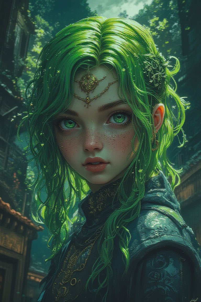 a beautiful girl, a beautiful face, with green hair, in the Gothic style, against the background of a gloomy forest.