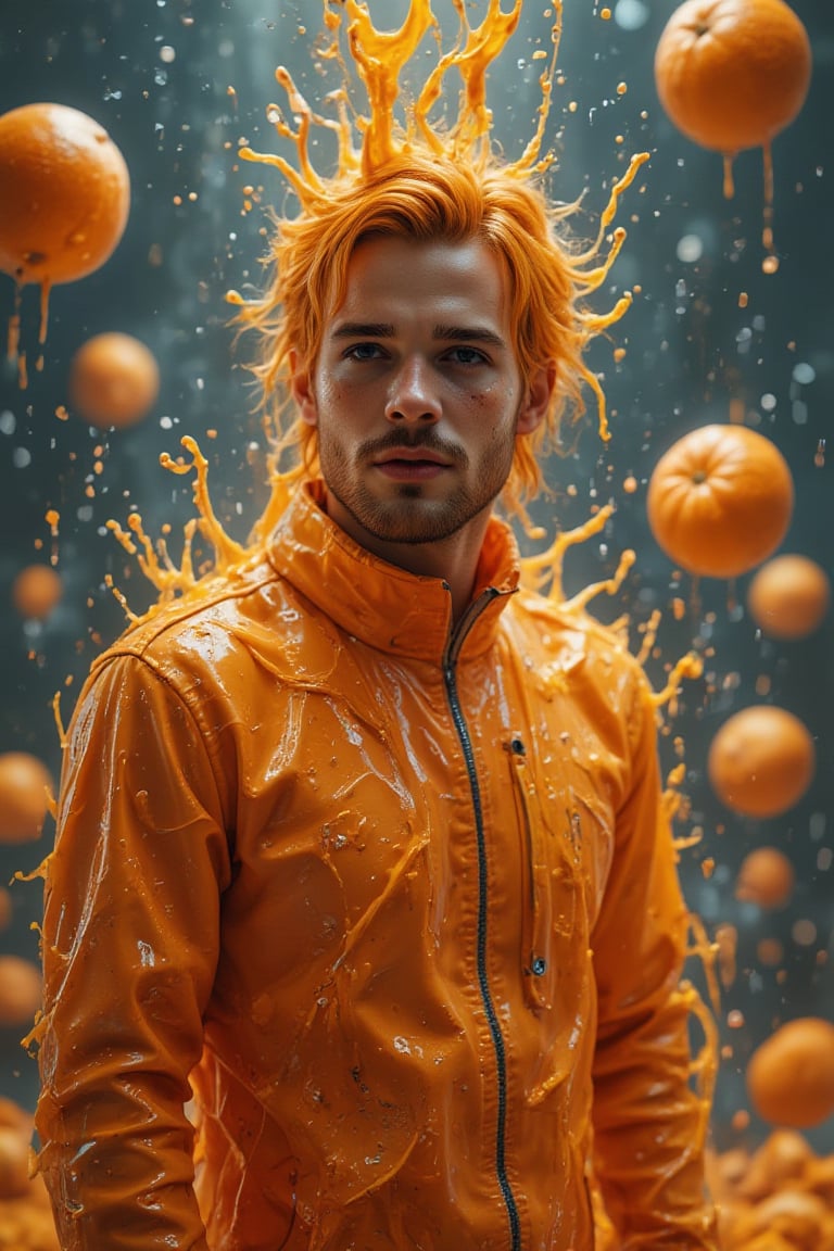 art, cute smiling man, liquid suit, surreal orange juice, orange juice diffusion, epic composition, splashes, coolant flowing around