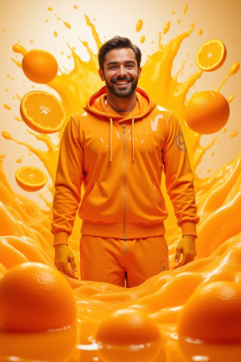 art, cute smiling man, liquid suit, surreal orange juice, orange juice diffusion, epic composition, splashes, coolant flowing around