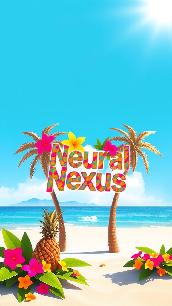 Design a bright and sunny image where 'Neural Nexus' is written in tropical-themed letters, surrounded by palm trees, pineapples, and vibrant flowers. The background should evoke a warm, beachy vibe with clear blue skies and sandy shores.", photo, typography, vibrant, 3d render