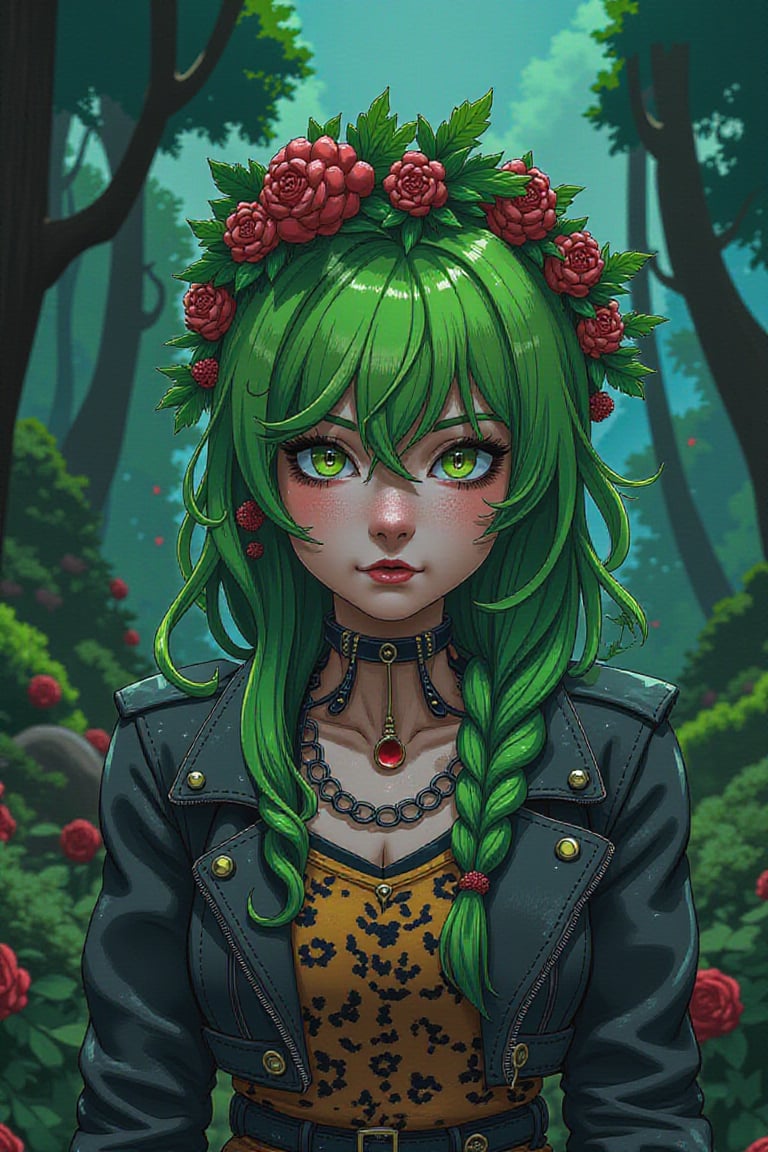 a beautiful girl, a beautiful face, with green hair, in the Gothic style, against the background of a gloomy forest.