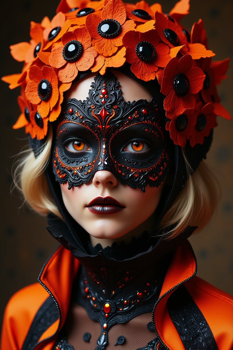 dark fantasy themed, Elegant, orange, black & red fashion Sugar Skull Demon Goddess, Gothic ornate Mask over Her Eyes, Mid body photo by Anna Dittmann & H R Giger, stunning, beautiful face, amazing orange eyes, short blonde hair, abstract fashion, abstract design, perfect focus, sharp photo