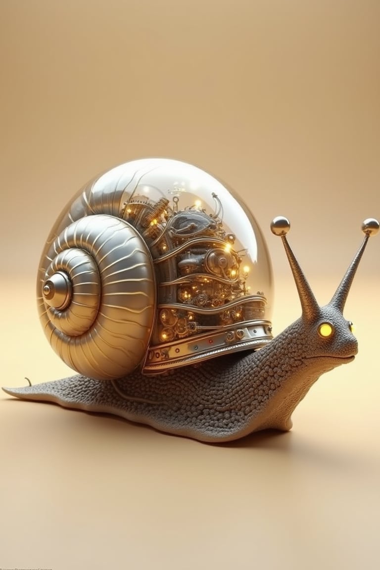 jxkc,This is a very detailed CGI rendering depicting a future robot snail full of snail features,carefully crafted with metal and organic elements. Make it have a smooth,futuristic appearance. Its body is segmented,with each segment adorned with complex gears,wires,and metal wires. He has a pair of sparkling eyes on his head,adding a touch of sci-fi charm. The body is transparent,allowing people to see the complex mechanical operations below and emit a soft,ethereal glow. The background is a smooth gradient beige color,and the overall style blends steampunk and high-tech aesthetics,combining mechanical precision with organic form. The image is highly polished and detailed,emphasizing light and shadow,creating depth and realism. This work is a striking example of digital art that blends science fiction and nature in a visually stunning way.,