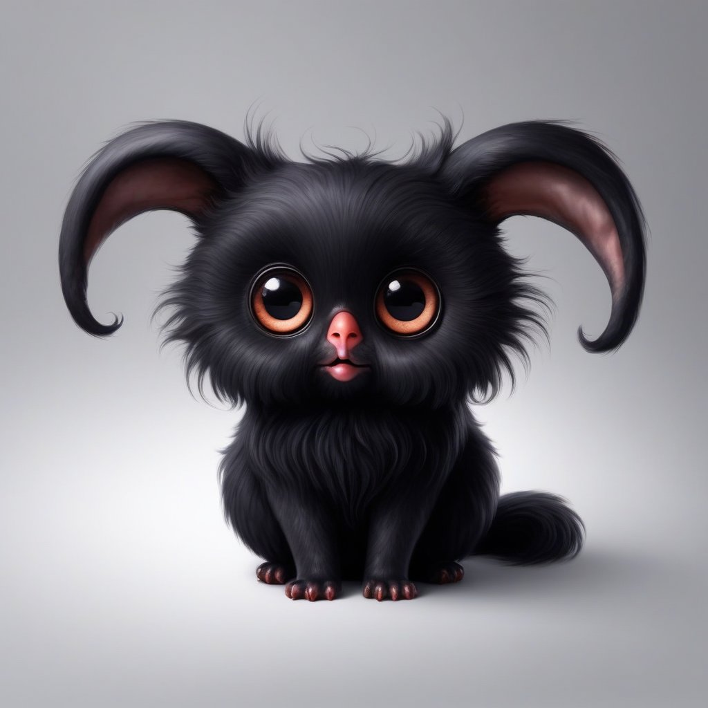 a beautiful animal, black in color, with big eyes,fluffy,long ears