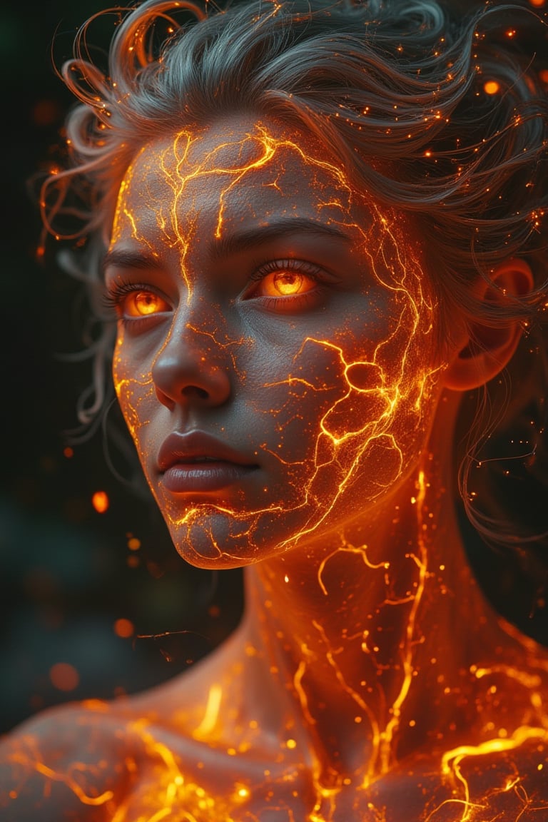 A surreal close-up of a human face where the skin appears to crack open like ceramic, revealing molten lava underneath. The cracks are glowing bright orange, and the person's eyes have an intense, fiery glow. The hair is a smoky gray, with embers flickering at the tips. The lighting is dramatic, casting harsh shadows that enhance the molten effect. The atmosphere is otherworldly and intense, with a burning, apocalyptic feel.  