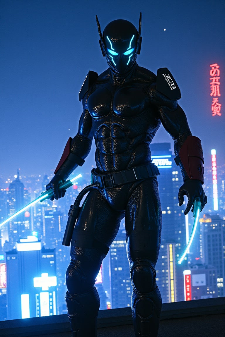 Go back
cyberpunk ninja, rooftop of skyscraper, dynamic pose, cybernetic suit with neon outlines, stealthy and agile, shimmering energy blades, glowing eyes under a high-tech hood, neo-Tokyo skyline, vivid city lights below, enhanced muscle structure visible, poised for action, atmospheric fog, cityscape illuminated by futuristic signage, 35mm, epitome of urban warrior, night sky backdrop with stars obscured by ambient city glow

