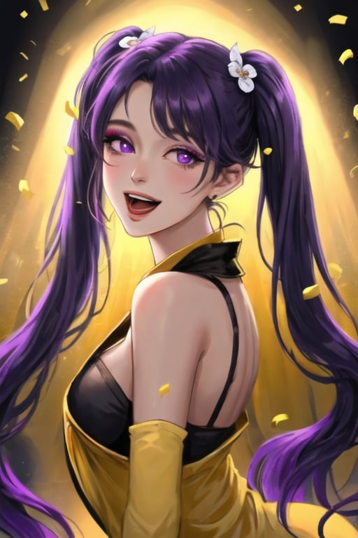 HANAxBANANA, A sci-fi woman with hair in pigtails, sings into a microphone live on stage while golden confetti drops from the ceiling, Purple IRIS, Purple Eyes, Golden eye makeup, by WrenPhoenix, high detail, volumetric lighting, fantasy, science fiction, elegant, silly, laughing, realism, realistic smooth soft skin, immaculate subtle makeup, perfectly centered, perfectly lit, Visible face, cinematographic depth of field, Pigtails, Banana, Banana hair ornament