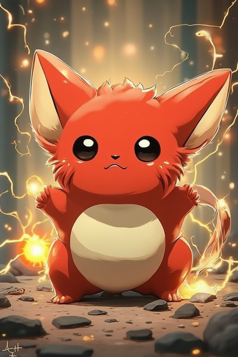 Pokemon "raichu" anime style, red-haired with a long tail,with pink cheeks,emits an electric current, gets very angry