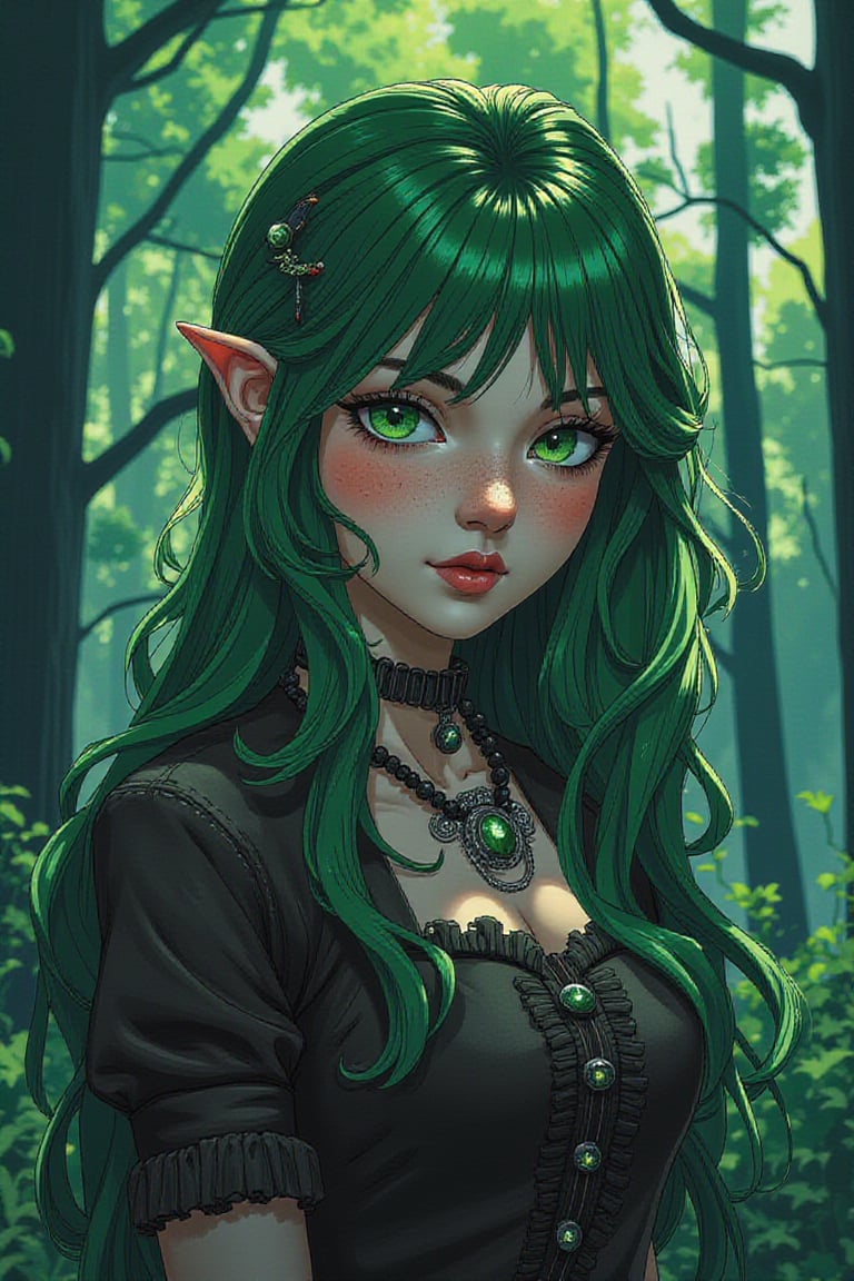 a beautiful girl, a beautiful face, with green hair, in the Gothic style, against the background of a gloomy forest.