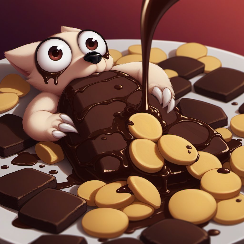 a fluffy animal, big eyes, with long claws, many pieces of chocolate on its body, honeycomb, sprinkled with chocolate chips