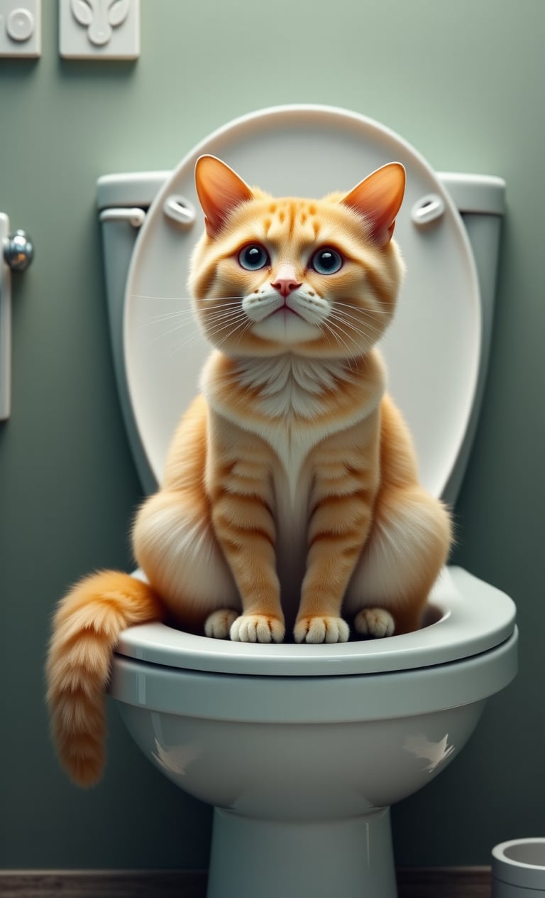 Anthropomorphic cat, sitting on the toilet, tears in the eyes, hyperdetail
