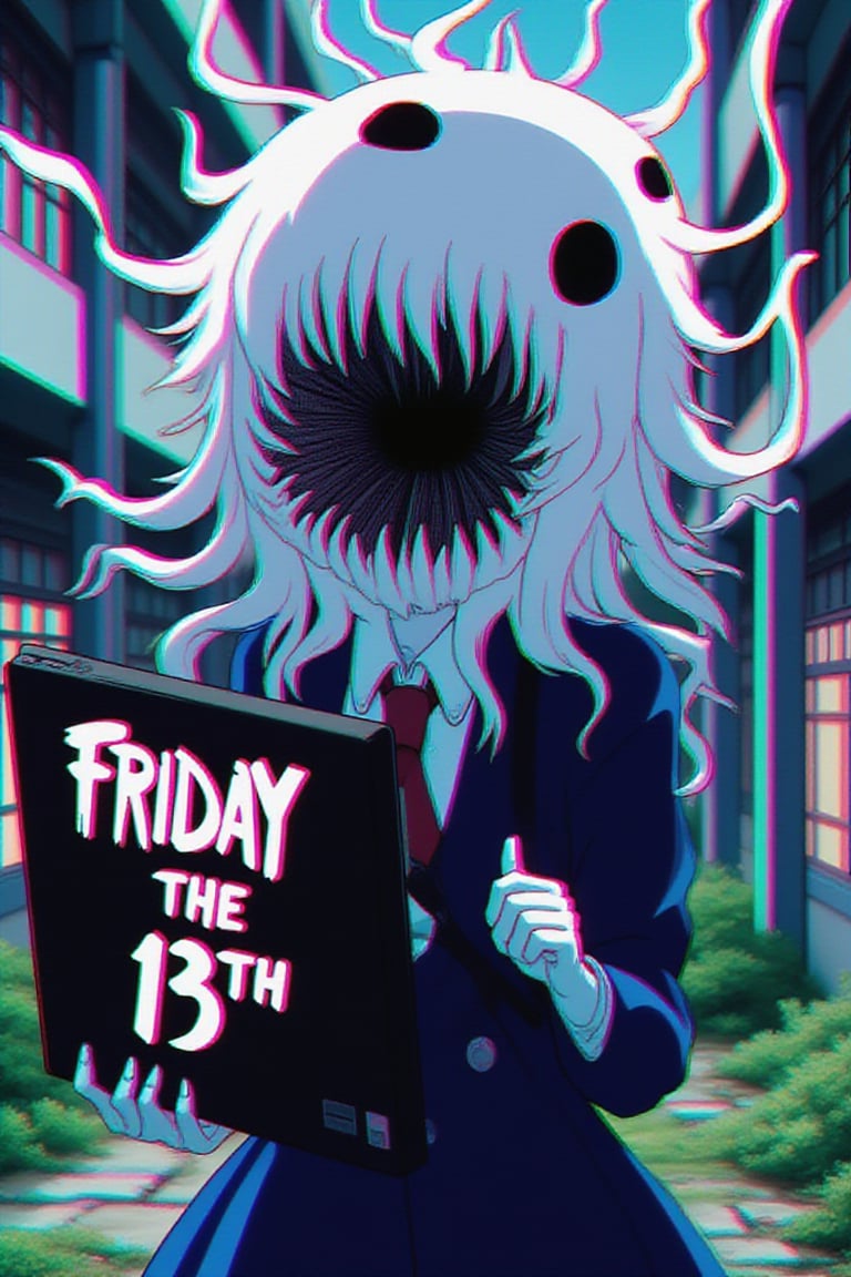 GIRL WITH DREADLOCKS IN HAIR, cyberpunk costume, AGAINST THE BACKGROUND OF A CYBER CITY, HOLDING A "FRIDAY THE 13TH" SIGN IN HER HAND. GOTHIC STYLE
