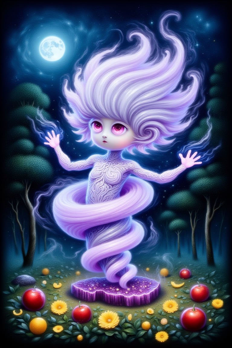 ultra highly detailed, fantasy acrylic painting, a cute chibi fluffy ghost fiberglass clear animal creature, glass animal, ghost animal, apples, amethyst swirling smoke, blue moon, moonlight, forest, leaves, yellow matte flowers, filigree detailed, complex background, dynamic lighting, lights, digital painting, intricated pose, highly detailed filigree, intricated, cute, surreal, by Angelus Novus