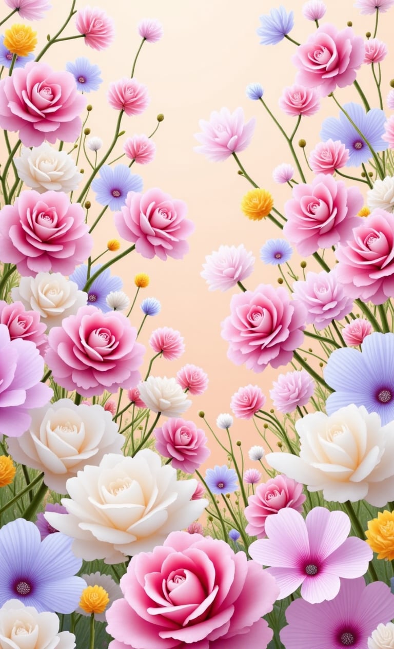 A detailed 3D illustration of flowers, intricated details, t shirt design, seamless patterns, abstract design, white roses, pastel tetradic colors, roses, variety of colorful flowers, 3D vector art, beautiful and quirky, fantasy art, light background, modern art, watercolor effect, bokeh, Adobe Illustrator, hand-drawn, digital painting, low-poly, soft lighting, isometric style, modern aesthetic, focused on the character, 4K resolution, photorealistic rendering, unreal engine 5, cinema4d , roses,