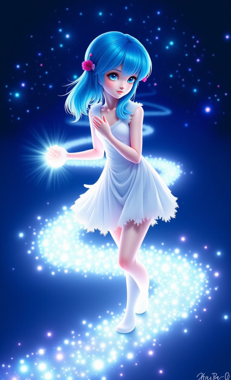 A beautiful girl with blue hair, a white dress, holding a flashlight in her hands, which lights the way