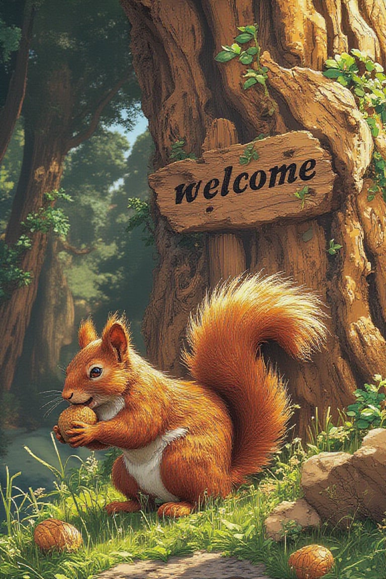 a beautiful squirrel, red in color, is sitting on the grass, holding a walnut in its paws, and there is an oak tree next to it. The text "welcome" is carved on the tree