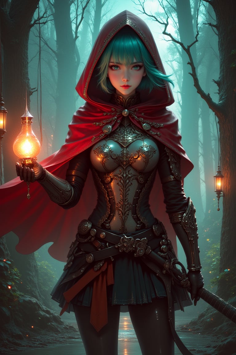 Little Red Riding Hood, 1girl, short bright turquoise hair, black eyes, skinny, (red cape), a bright lamp in hand, magic, warrior, armour, fantasy art, highly detailed, high quality, realistic, masterpiece, 16k resolution,hd