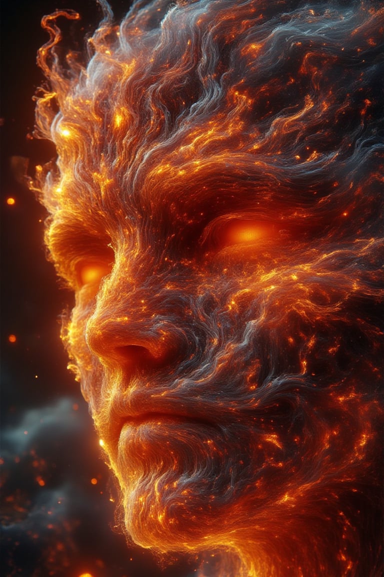 A surreal close-up of a human face where the skin appears to crack open like ceramic, revealing molten lava underneath. The cracks are glowing bright orange, and the person's eyes have an intense, fiery glow. The hair is a smoky gray, with embers flickering at the tips. The lighting is dramatic, casting harsh shadows that enhance the molten effect. The atmosphere is otherworldly and intense, with a burning, apocalyptic feel.  