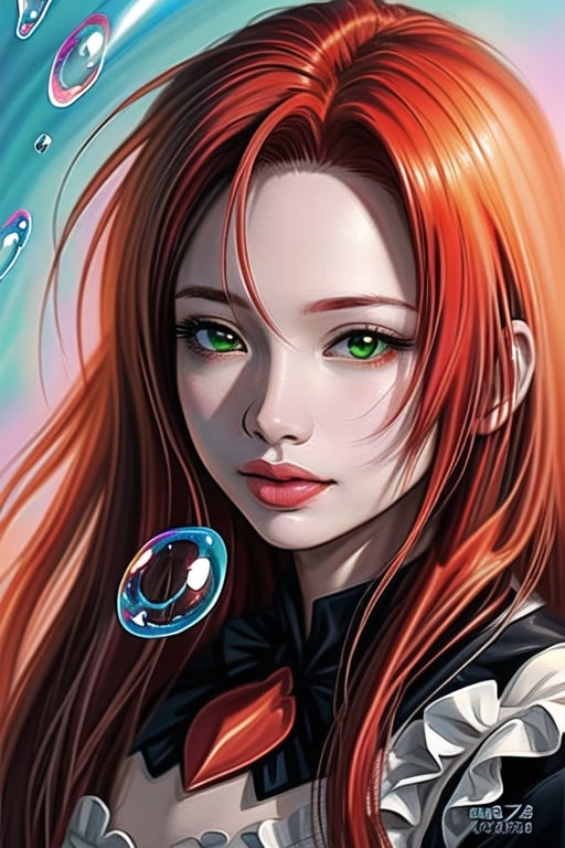 painting of a woman with red hair and green eyes with bubbles, gorgeous digital art, realistic anime art style, gorgeous digital painting, cute detailed digital art, beautiful gorgeous digital art, detailed digital anime art, beautiful digital art, glossy digital painting, beautiful digital illustration, cute digital art, realistic anime artstyle, very beautiful digital art, anime realism style, anime styled digital art