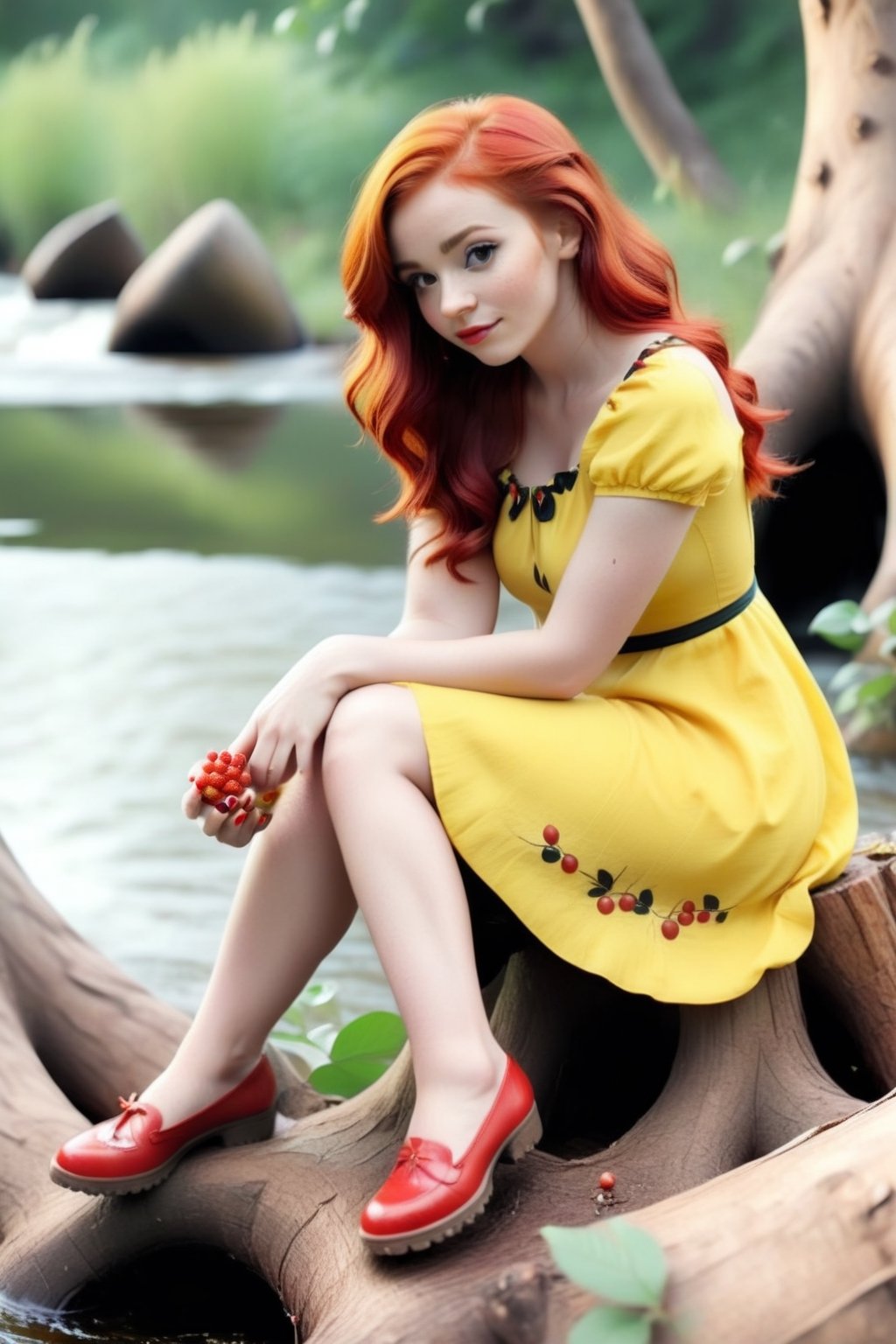 A BEAUTIFUL GIRL WITH RED HAIR, IN A YELLOW DRESS with a red berry print, is sitting on a stump near the river. lots of details, hyper-detail, stylization, 16k,poster,Disney pixar style