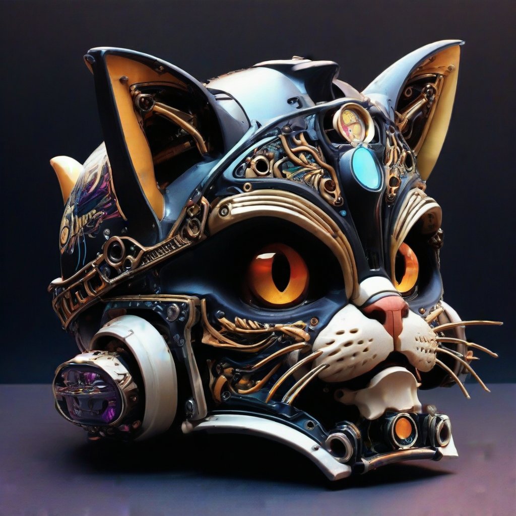 motorcycle helmet with cat ears, ornate pattern on it, in the style of steam punk