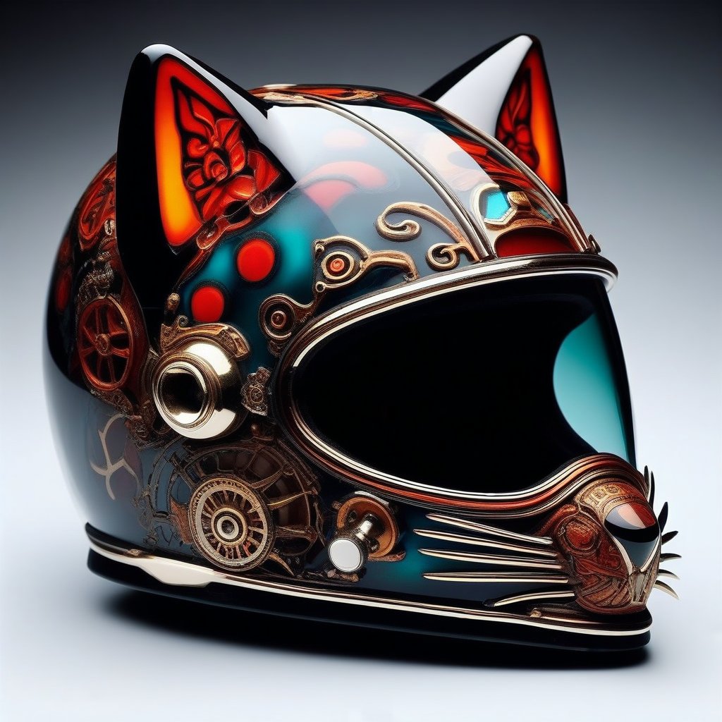 glass decorative motorcycle helmet with cat ears, ornate pattern on it, in the style of steam punk