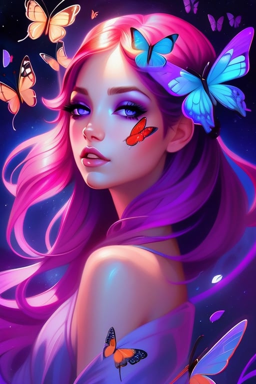 a painting of a woman with butterflies in her hair, a digital painting, inspired by Jeremiah Ketner, beautiful art uhd 4 k, neoartcore and charlie bowater, girl in space, roses in her hair, realistic anime artstyle, violet eyes,b3rli