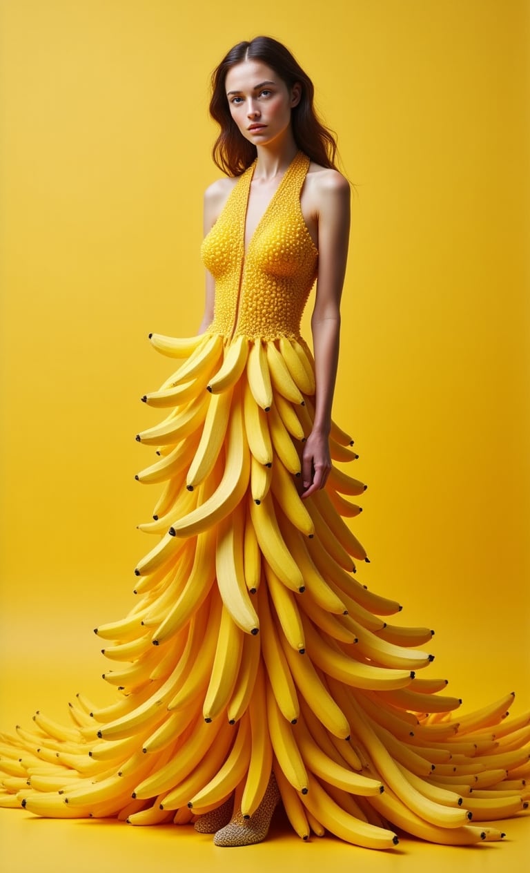 beautiful girl in a dress made of banana peel. stylization, fantasy, art, hyperdetail