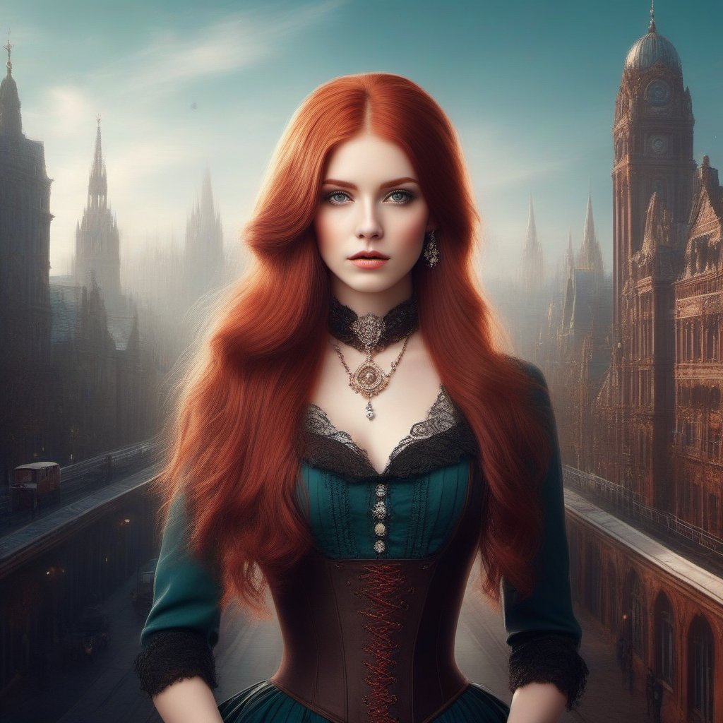 beautiful steampunk girl with long brown hair,against a city background,a beautiful girl with red hair, a beautiful face, a green dress with diamond inserts. shine of diamonds, stylization. many details"