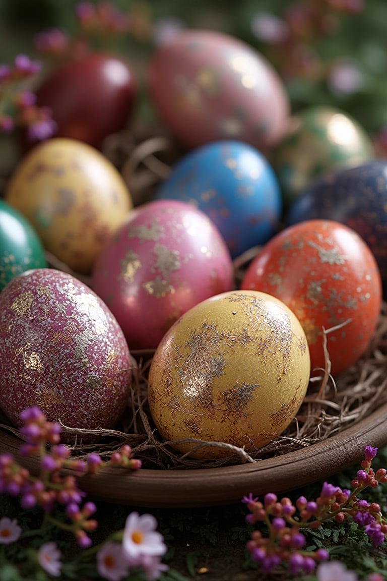 beautiful painted eggs,stylization,glitter,beautiful,close-up,stylization,hyperdetalization