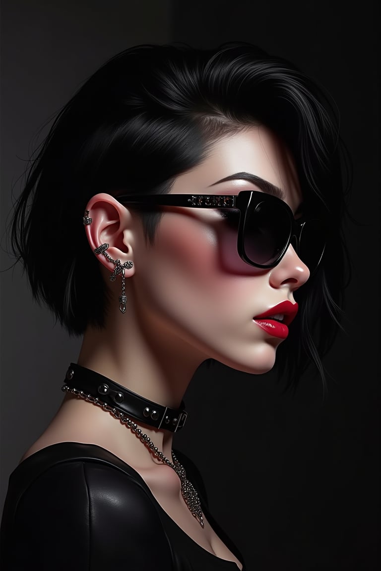 dol of chicago, a beautiful slim curvy pale goth girl with asymmetrical punk rock hair and badass euro design sunglasses. mole on cheek. half portrait by stanley artgerm, dramatic lighting, by nagel, shin jeongho, nick silva and ilya kuvshinov, deviantart