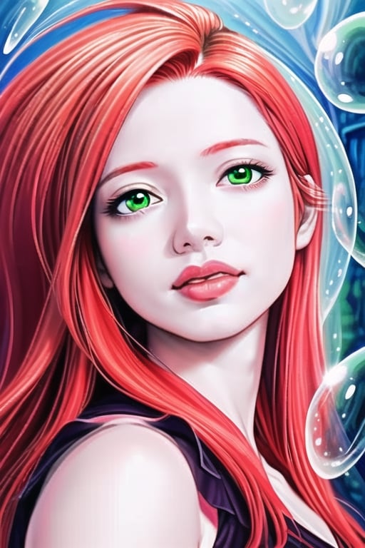 painting of a woman with red hair and green eyes with bubbles, gorgeous digital art, realistic anime art style, gorgeous digital painting, cute detailed digital art, beautiful gorgeous digital art, detailed digital anime art, beautiful digital art, glossy digital painting, beautiful digital illustration, cute digital art, realistic anime artstyle, very beautiful digital art, anime realism style, anime styled digital art,monochrome