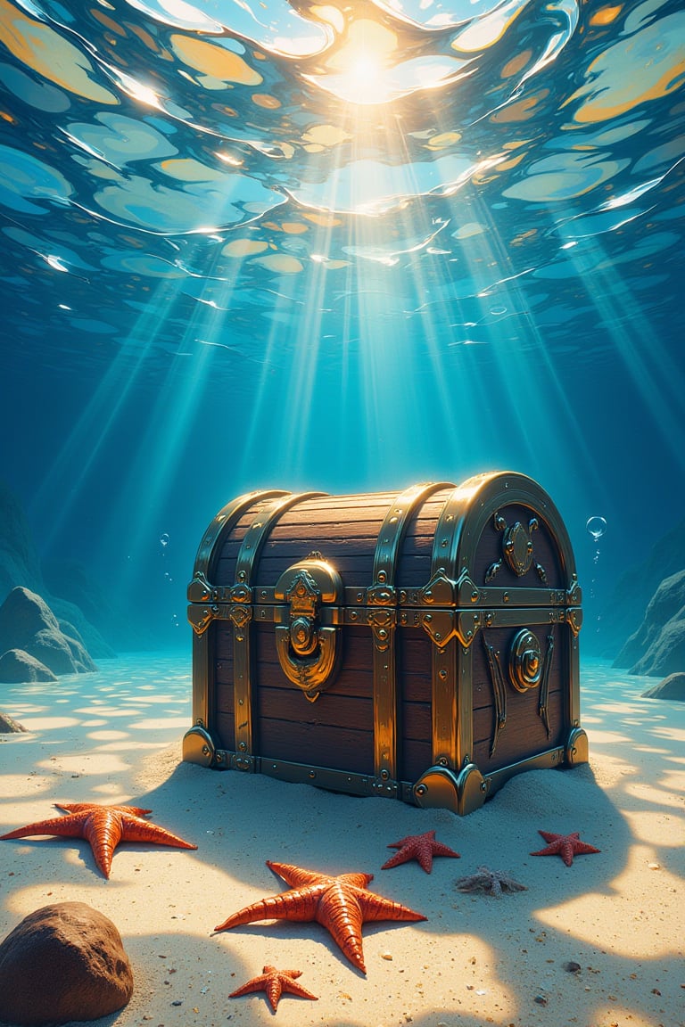 treasure chest, standing on the sand under water, many details, detailed picture, nearby crabs and starfish lie on the sand also under water, the sun's rays illuminate the water with bright tints