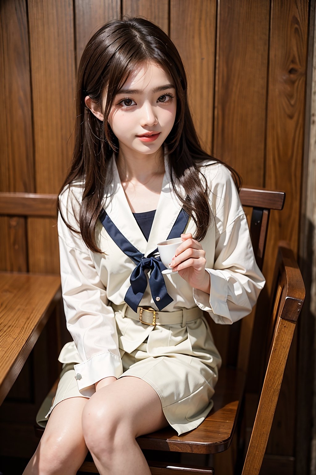 A Japanese female student, wearing a Japanese high school sailor uniform, with a beautiful face and a charming smile, sitting on a wooden chair and drinking tea in a tea room, movie light and shadow, HD 4K