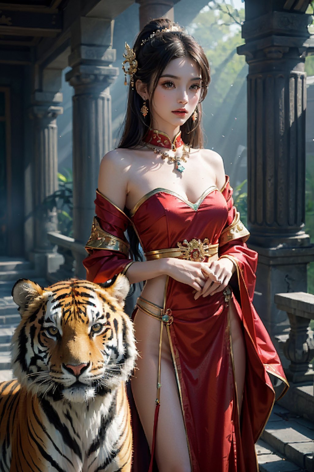 A majestic girl stands before the ancient temple, donning vibrant red attire inspired by oriental art. Her hands radiate a brilliant light green hologram in the shape of a colossal tiger, enveloping her in an aura of mystique and fantasy. Framed from a low angle, the close-up view highlights the intricate details of her garments and the glowing tiger's translucent scales. Practical lighting effects and ray tracing combine to create an unreal atmosphere, with soft, dreamy illumination that appears almost divine. The 8K resolution showcases breathtaking beauty, as the Tyndall effect imbues the scene with a sense of wonder and enchantment.